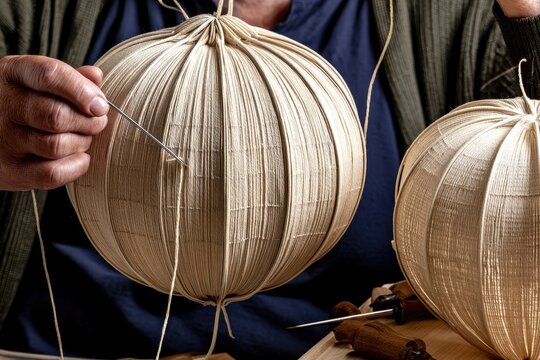 Hands stitch a textured woven sphere using a needle and natural thread. Ideal for traditional craftsmanship and handmade decoration concepts.