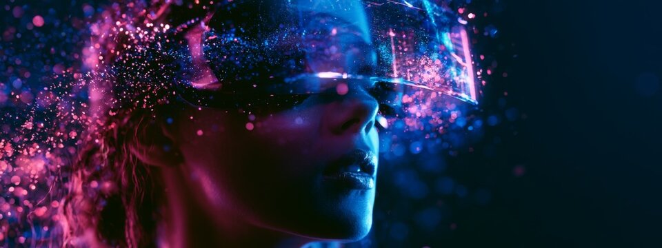 Futuristic Human Concept with Virtual Reality Headset Surrounded by Colorful Digital Particles and Light Effects