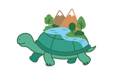 Obraz premium Creative illustrated turtle carrying a miniature landscape on its back with mountains trees and river representing nature and eco friendly concept.