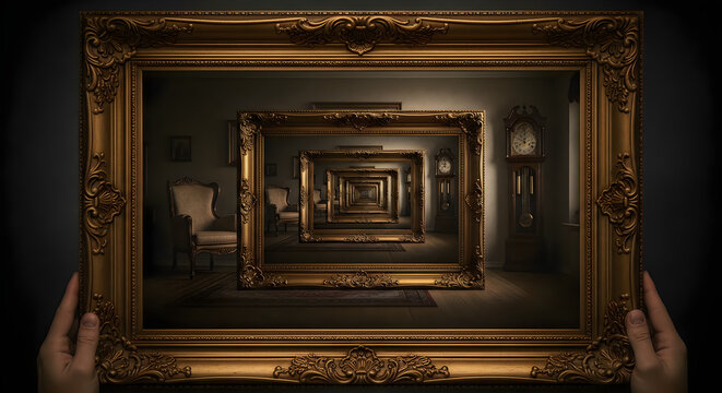 A surreal recursive wooden frame display celebrating the artistic vision captured during the annual world photography day event