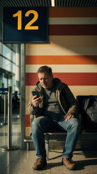Man checks phone anxiously at airport gate 12. He waits for final boarding call, worried about travel delay or missed connection. His journey is filled with tension.