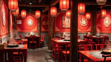 Naklejka premium Chinese hotpot restaurant interior with red tables chairs and lanterns. Steam rises from pots on tables set for dining. Traditional decor features calligraphy and ornate patterns.