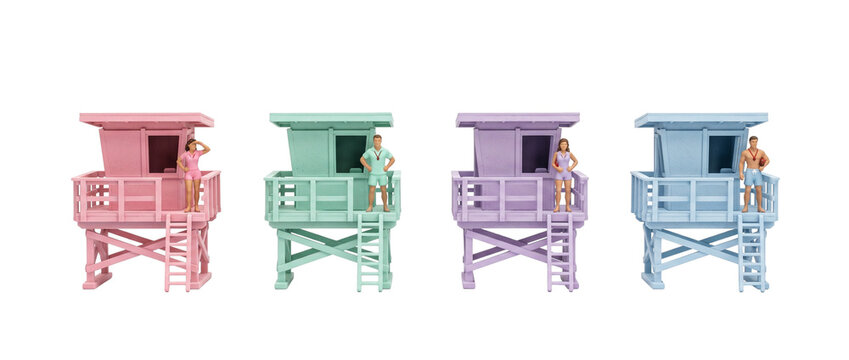 Miniature lifeguard tower beach figures standing on colorful pastel stations isolated on black background for summer safety, ocean rescue, coastal guard concept, and creative holiday travel themes.