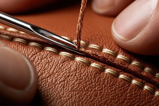 A close-up shot shows a craftsman hand stitching premium brown leather with a needle and thread. Perfect for artisanal leather goods and traditional manufacturing content.