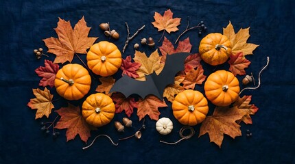 Fototapeta premium Small orange pumpkins and autumn leaves on black background
