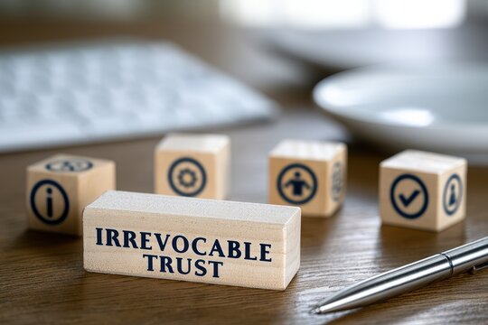 Wooden blocks with icons and 'IRREVOCABLE TRUST' text, symbolizing legal security and financial planning. Use for estate planning concepts.