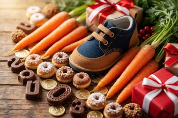 Fototapeta premium Childrens shoe with carrots, chocolate, pepernoten treats and gifts. Dutch Sinterklaas tradition of leaving shoe out with offerings for Saint Nicholas and his horse.