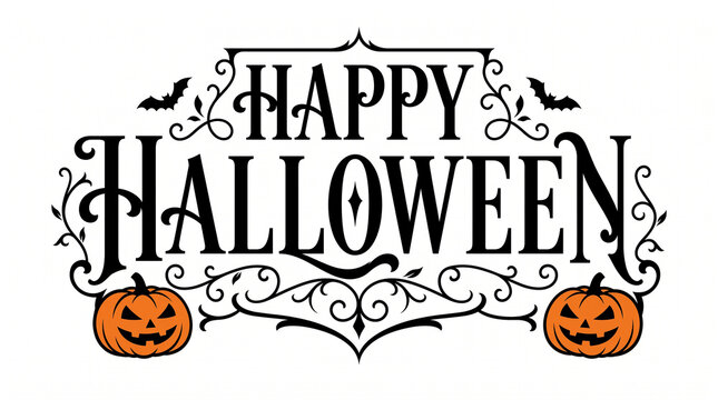 Happy Halloween greeting with pumpkins and decorative swirls for seasonal events.
