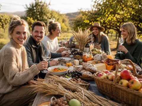 Freunde feiern Erntedank in Deutschland: Junge Erwachsene sitzen an einer herbstlichen Tafel im Obstgarten mit Brot, K&auml;se, &Auml;pfeln, K&uuml;rbis und regionalen Speisen.
