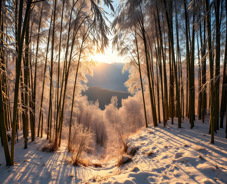 For&ecirc;t hivernale givr&eacute;e travers&eacute;e par des rayons de soleil dor&eacute;s perc&ccedil;ant &agrave; travers les arbres couverts de gel, cr&eacute;ant une atmosph&egrave;re f&eacute;&eacute;rique et scintillante typique des matins froids d'hiver en plein