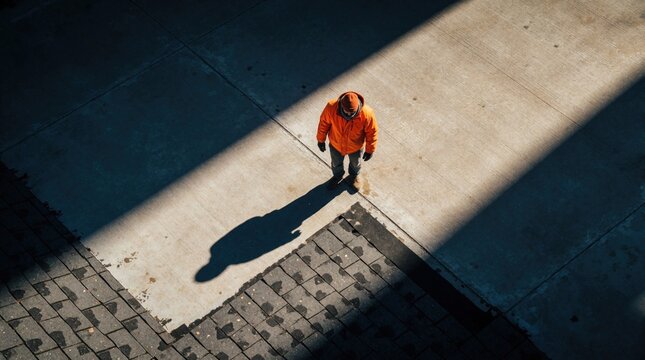 Man in orange jacket stands on concrete roof. Long shadow falls on stone tiles. High angle view shows person alone in sunlight, shadow. Minimalist urban architecture scene with dramatic lighting,