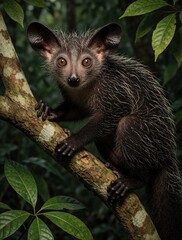 Naklejka premium Aye-aye primate perches on a tree branch in Madagascar rich forest. This unique nocturnal mammal uses its long finger to find insects for food.