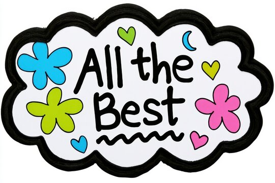 All the best text inside a cloud shaped sign with colorful flowers and hearts isolated on white background. Cute greeting concept for cards and children designs.