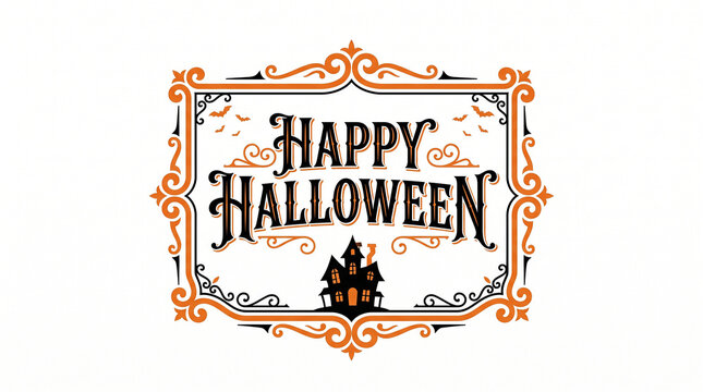 Happy Halloween haunted house with decorative frame, bats, and ornate elements for a vintage holiday card and celebration design.