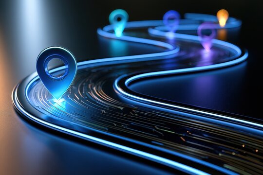 Vibrant blue glowing road with multiple illuminated location pins marks a digital journey. Perfect for navigation, route planning, or technological progress concepts.
