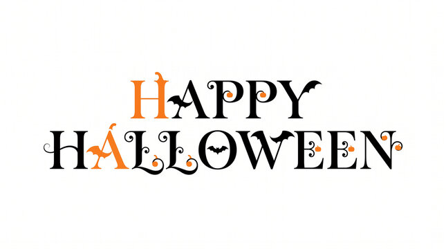 Happy Halloween lettering with bats and pumpkins for spooky holiday designs.