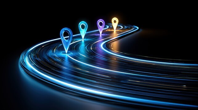 Dynamic blue glowing road with speed trails and multiple illuminated location pins. Represents fast navigation, data flow, or rapid journey progress concepts.