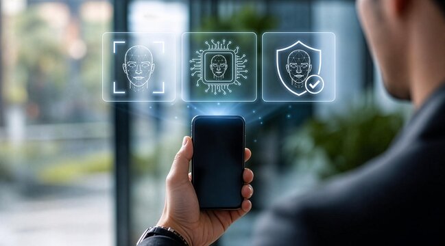 AI Face Authentication with Smartphone and Biometric Security Icons