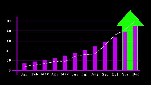 Pink gradient bar chart with line and upward arrow showing strong monthly growth from January to December on a dark background. Motion graphics of business concept