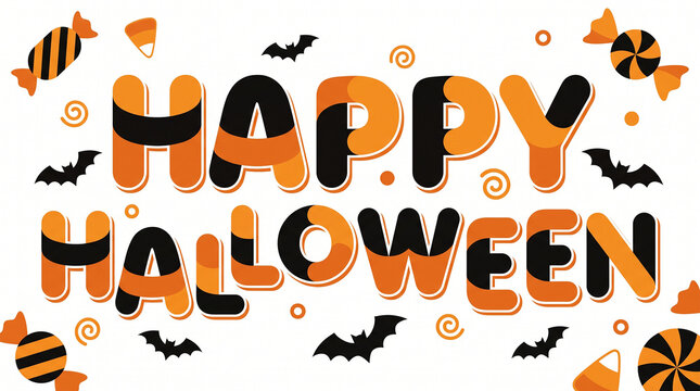 Happy Halloween lettering with candy bats and swirls on white background for holiday invitation and decoration.