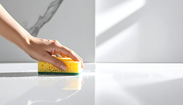 Sponge hand wiping counter cleaning creating clean and fresh professional cleaning product advertising atmosphere generative AI