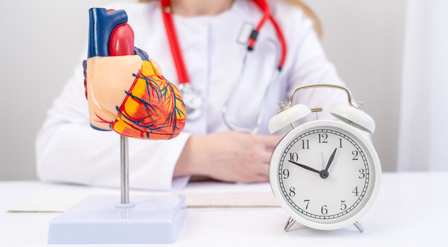 Medical professional holds a heart model beside a clock