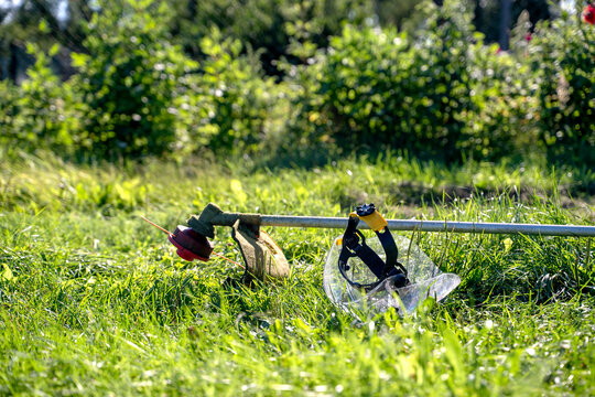 Lone weed eater rests on vibrant green grass