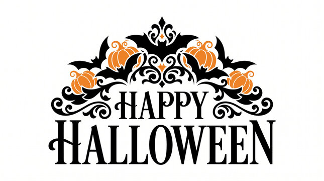 Happy Halloween ornamental design with pumpkins bats and swirls for festive event invitation and seasonal decor.