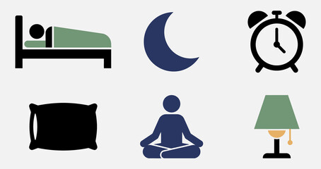 Sleep icons set featuring bed moon alarm clock meditation and night light