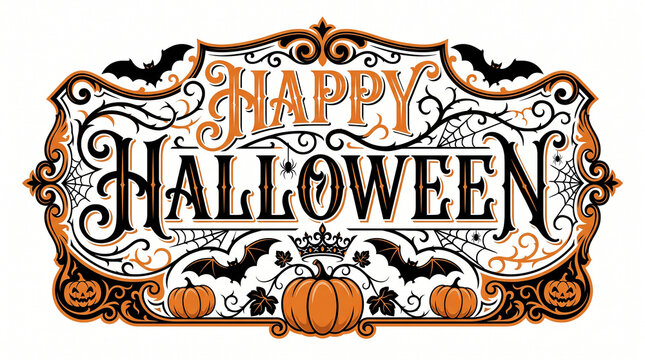 Happy halloween ornate decorative banner with pumpkins bats spiders webs and swirling patterns for festive season signage and signage design.