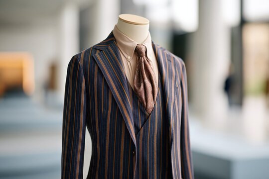 Tailored navy and orange striped suit on mannequin with cravat for menswear store display background and fashion banner