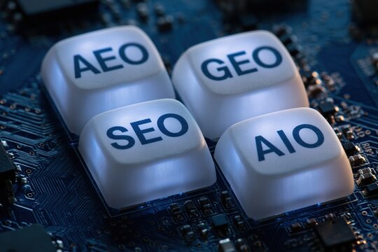 Close up of illuminated keys labeled SEO, AEO, GEO, and AIO resting on a circuit board. High-tech marketing and artificial intelligence concept.