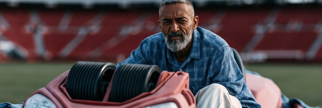 Serious older groundsman on a red ride mower in a stadium field for maintenance banner and background showing professional turf care