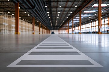 Fototapeta premium Empty industrial warehouse interior with white pedestrian walkway for background banner and logistics design