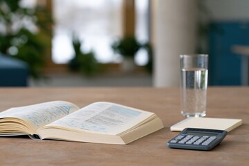 Obraz premium Open textbook and calculator on wooden table with glass of water for study workspace background and finance poster design