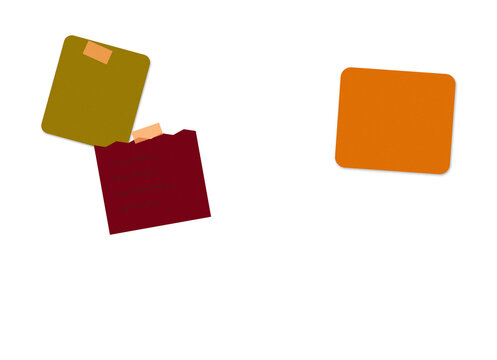 Three colorful geometric shapes in orange and red tones