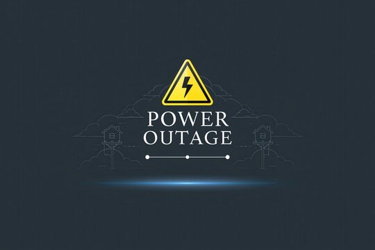 A conceptual graphic displays a yellow power warning icon above the words Power Outage. Used for energy grid maintenance and utility disaster communication reports.