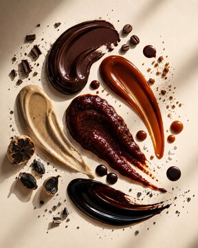 Rich assortment of chocolate, caramel, coffee and nut-based sauces with dark garlic and cacao accents on a warm neutral surface.
