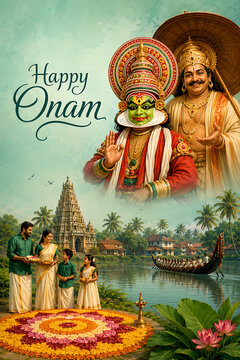 Majestic king mahabali alongside kathakali artist and family making floral rangoli during happy onam a grand south indian festival in kerala culture