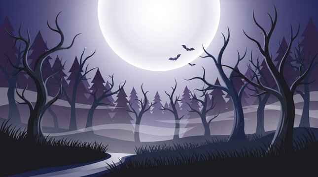 Halloween night dark forest landscape with full moon and flying bats, mystic spooky woodland scenery for holiday background.