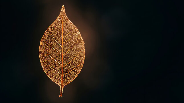 Macro shot of a delicate autumn leaf skeleton showing intricate vein network on dark background