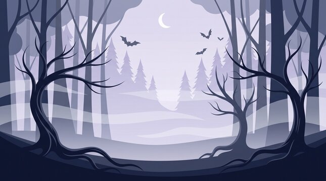 Pale purple halloween forest landscape with crescent moon and flying bats, mystic spooky woodland scenery for holiday.