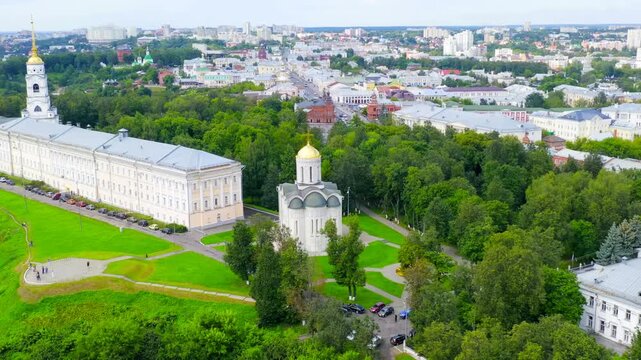 Russia, Vladimir. Flight over the city. Dmitrievsky Cathedral - Monumental Cathedral of the XII century. Drone footage, Point of interest