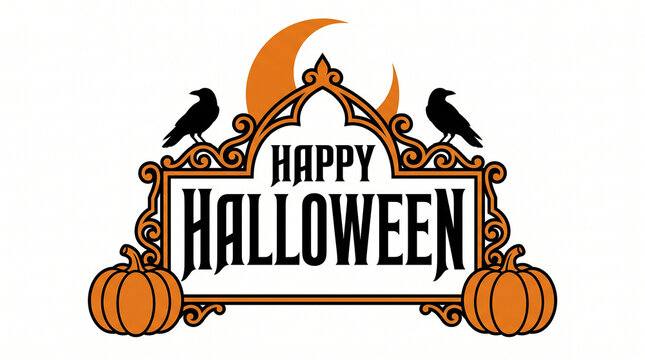 Happy Halloween sign with pumpkins crows and crescent moon for festive event decoration.