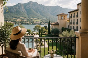 Fototapeta premium Backview of woman in straw hat sitting on luxury hotel balcony. Female traveler enjoys scenic view of lake, mountains from terrace. Peaceful summer vacation at mediterranean resort with swimming