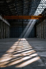 Fototapeta premium Industrial warehouse interior with skylight sunbeams and diagonal floor shadows for empty space background and architectural design