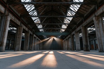 Fototapeta premium Vast abandoned factory hall with sunbeams through high windows and long floor shadows for wallpaper and banner background