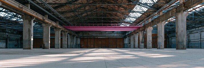 Fototapeta premium Raw empty industrial warehouse interior with weathered beams and skylight shadows for background banner and vintage style wallpaper
