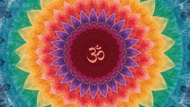 Colorful om symbol mandala art illustration with spiritual colorful meditation hinduism buddhism geometry mindfulness tradition abstract religious meditative esoteric mystical background