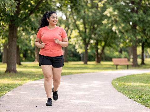 Young obese Indian woman jogging in a green park for obesity awareness weight management fitness motivation healthy lifestyle wellness and preventive healthcare
